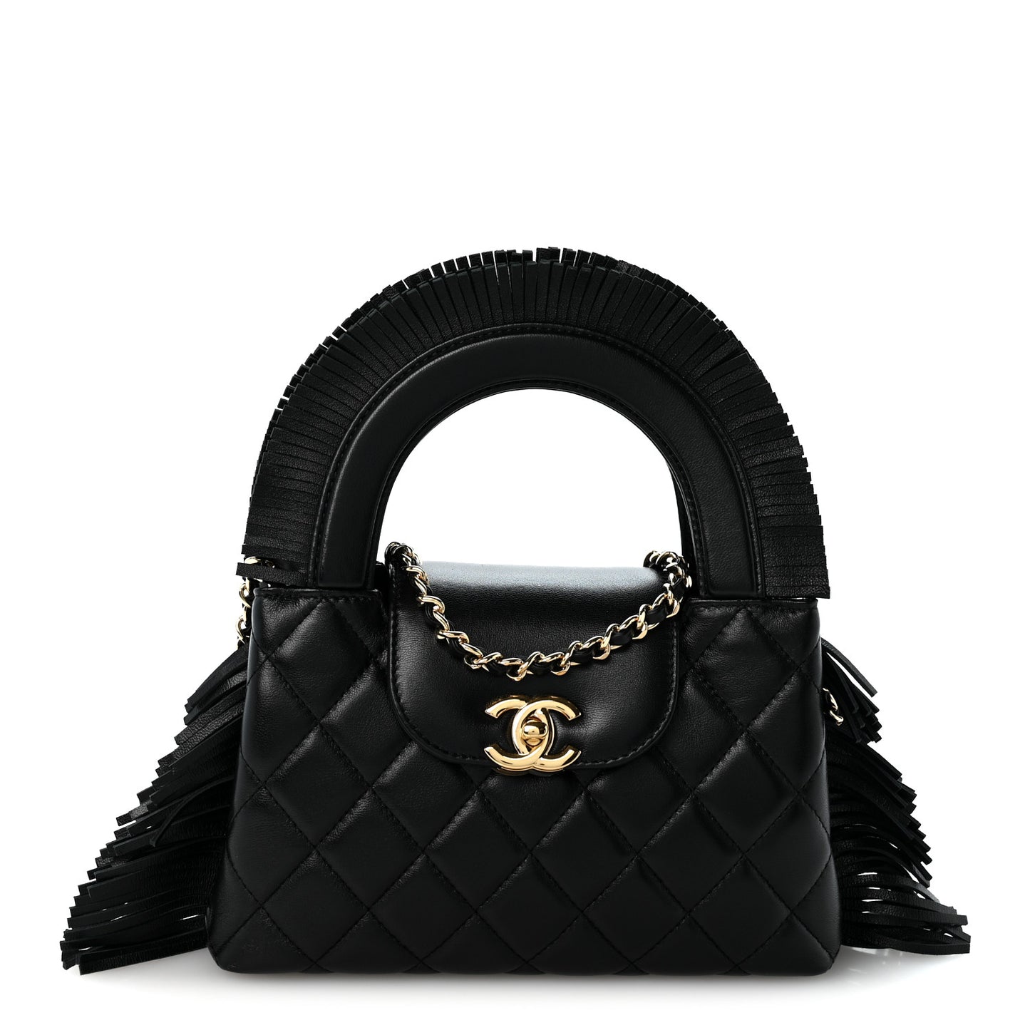 Lambskin Fringe Nano Kelly Shopper Black