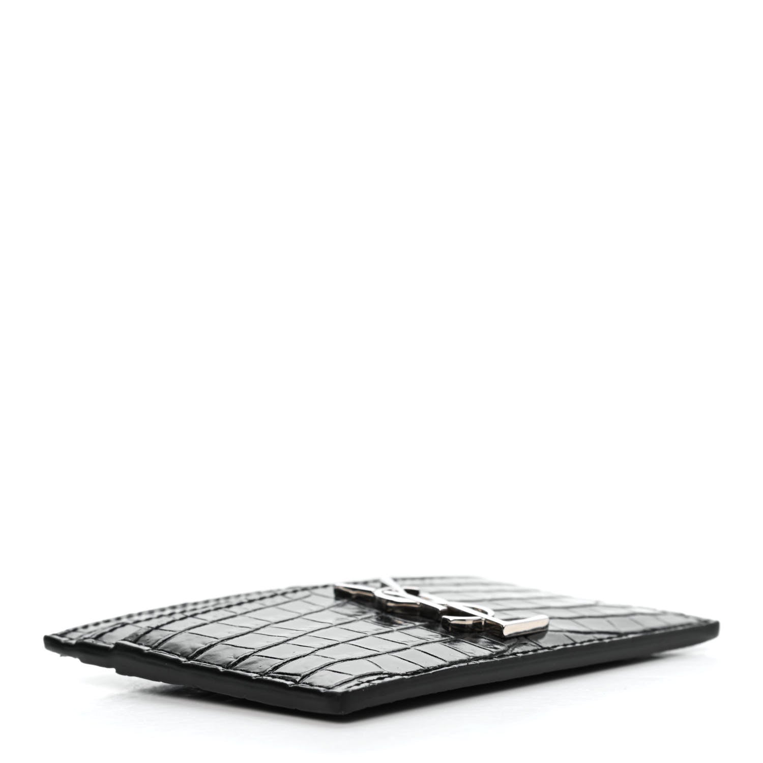 Saint Laurent Calfskin Crocodile Embossed Monogram Credit Card Case Black 4 of 9