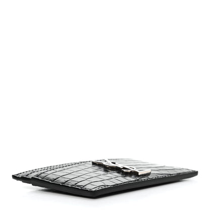 Saint Laurent Calfskin Crocodile Embossed Monogram Credit Card Case Black 4 of 9