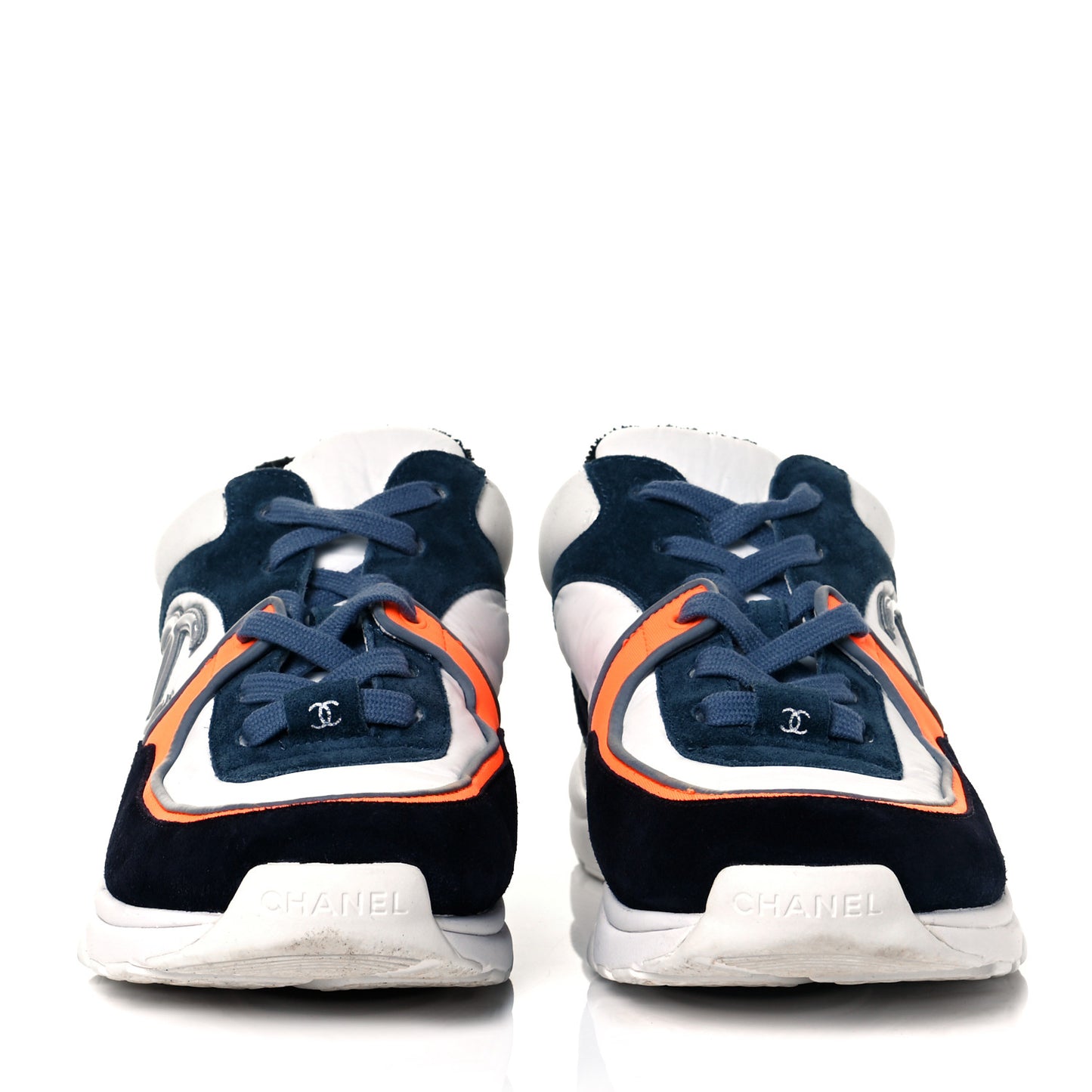 Nylon Calfskin Suede CC Womens Sneakers 38 Navy White Orange