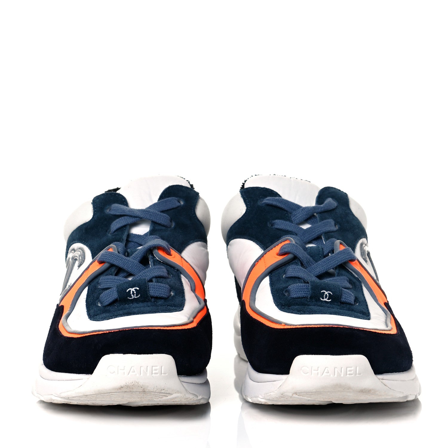 Chanel Nylon Calfskin Suede CC Womens Sneakers 38 Navy White Orange 2 of 8