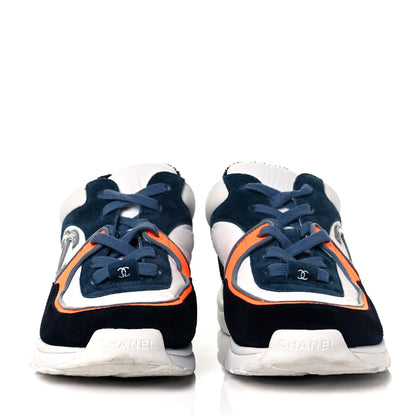 Chanel Nylon Calfskin Suede CC Womens Sneakers 38 Navy White Orange 2 of 8