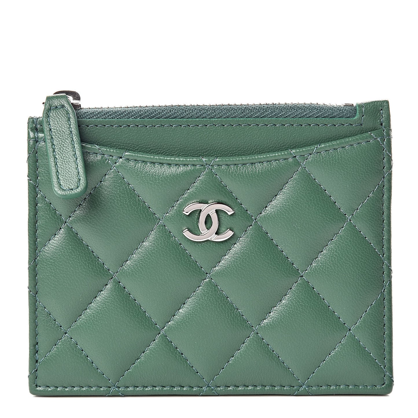 Lambskin Quilted Zip Card Holder Green
