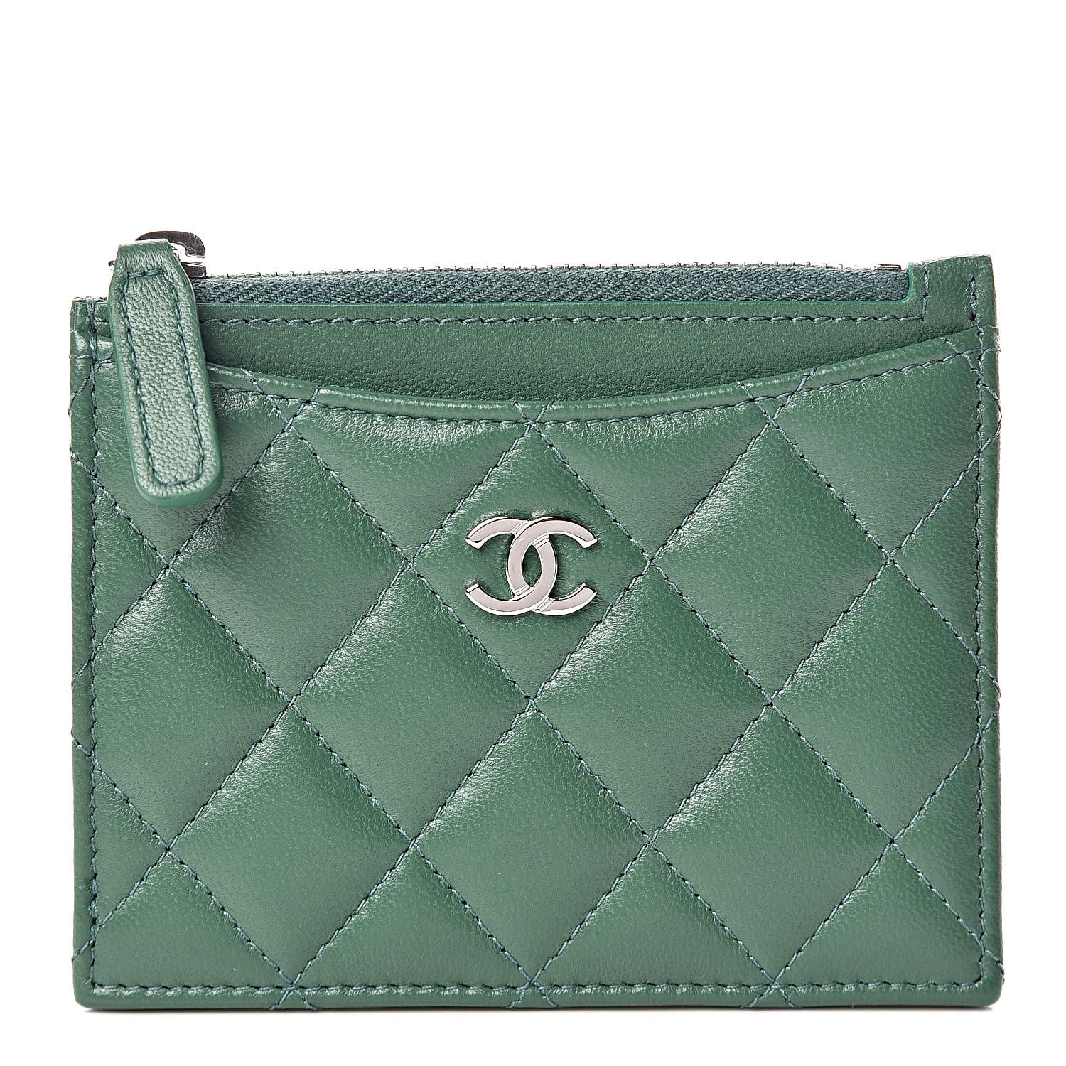 Chanel Lambskin Quilted Zip Card Holder Green 1 of 8
