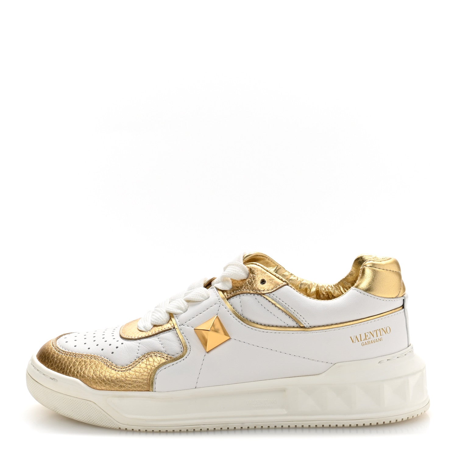 Valentino Garavani Calfskin Roman Stud Sneakers 37.5 White Gold 1 of 9