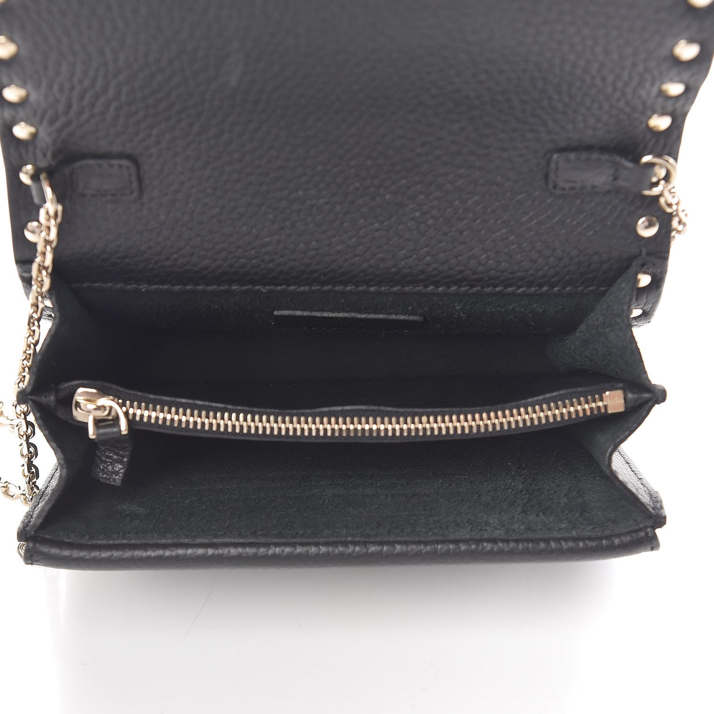 Pebbled Calfskin Rockstud Wallet on Chain Black