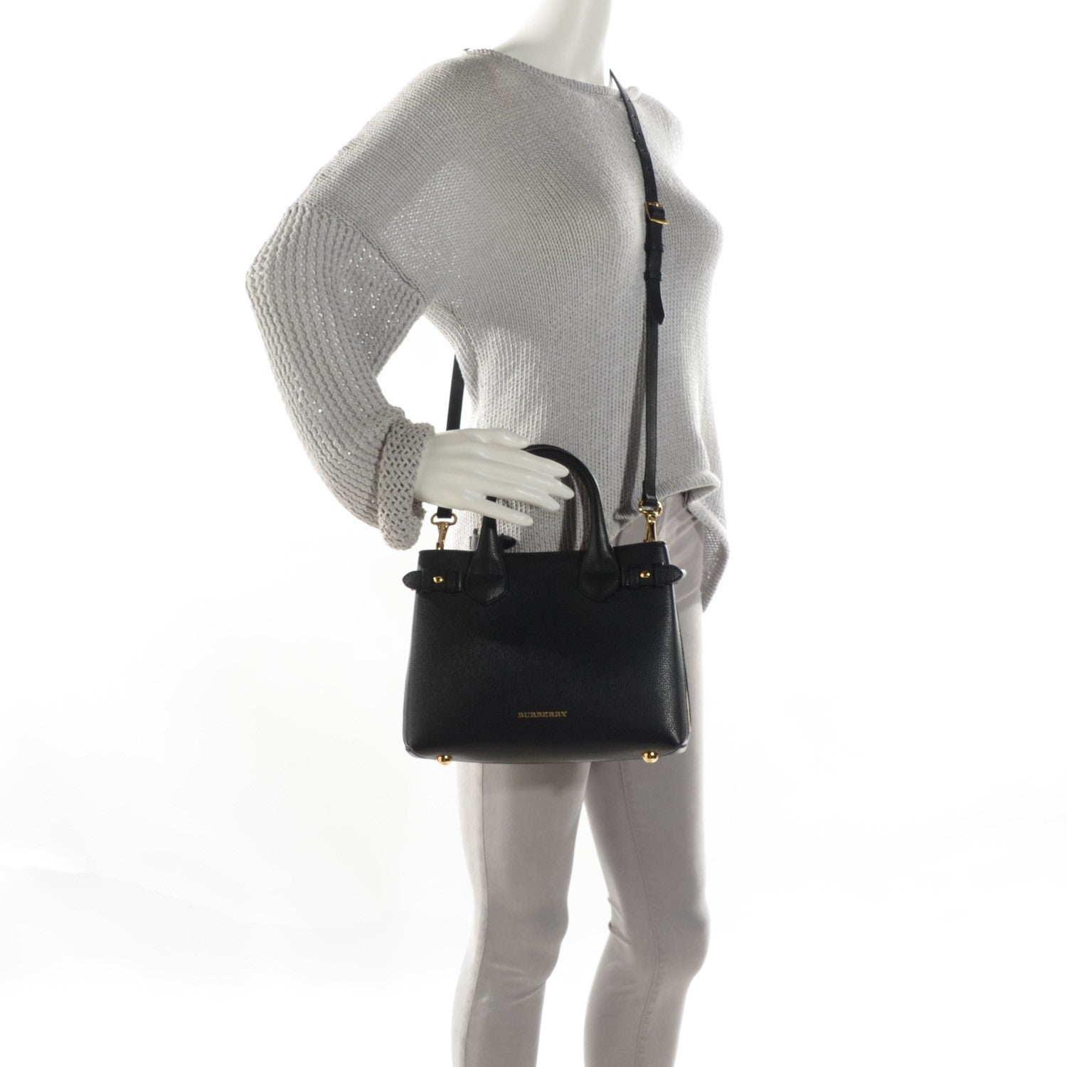 Burberry Grainy Calfskin House Check Small Banner Tote Black 2 of 7