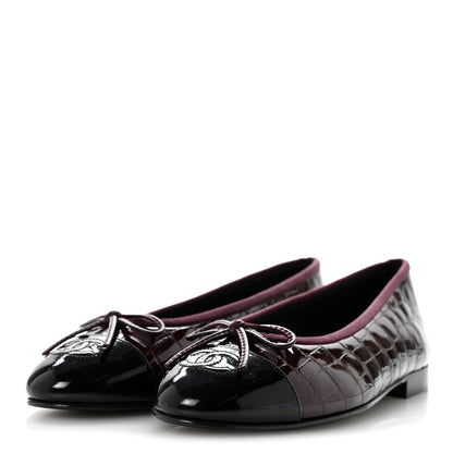 Chanel Crocodile Embossed Patent Calfskin Cap Toe CC Ballerina Flats 37.5 Dark Burgundy Black 4 of 10