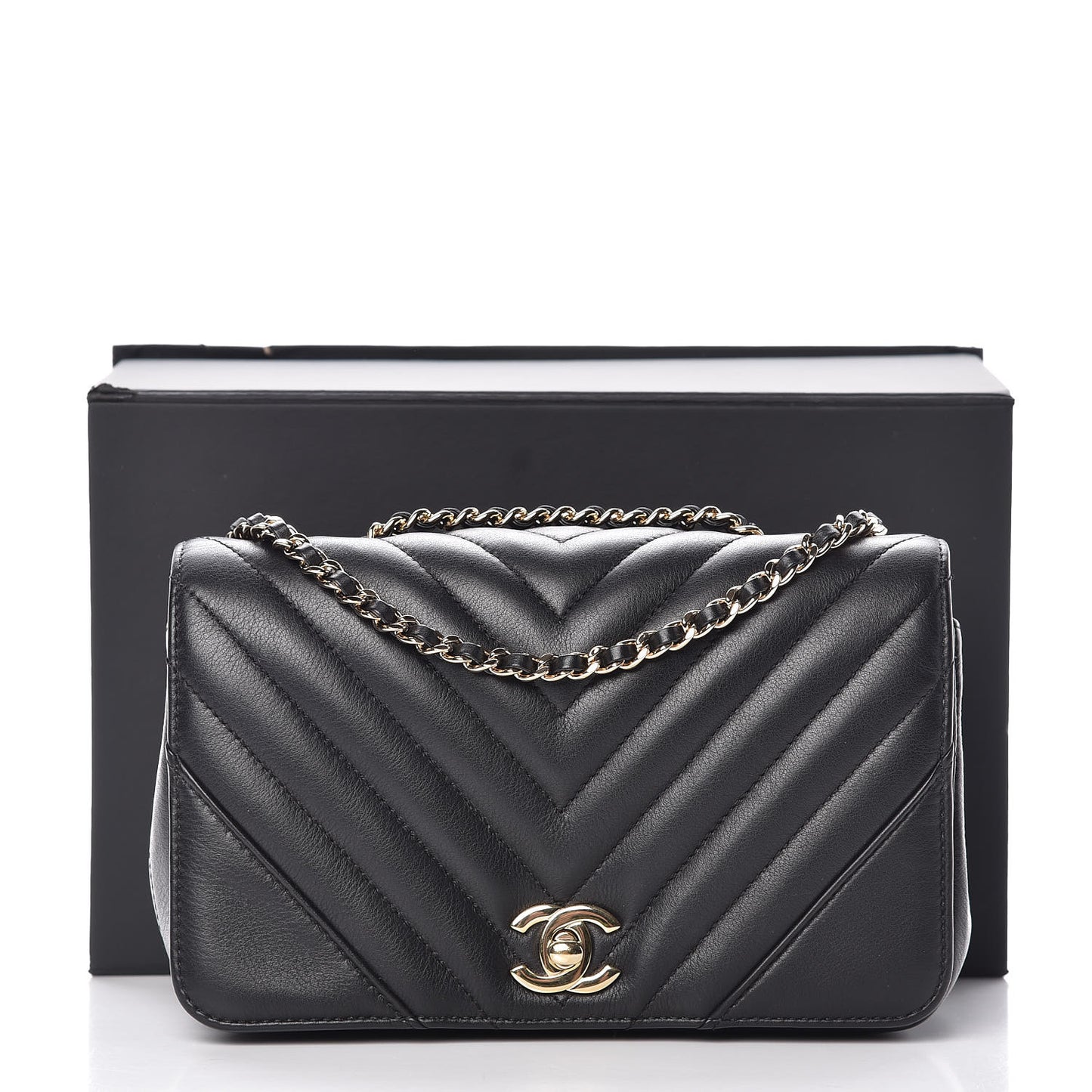 Calfskin Chevron Quilted Mini Statement Flap Black