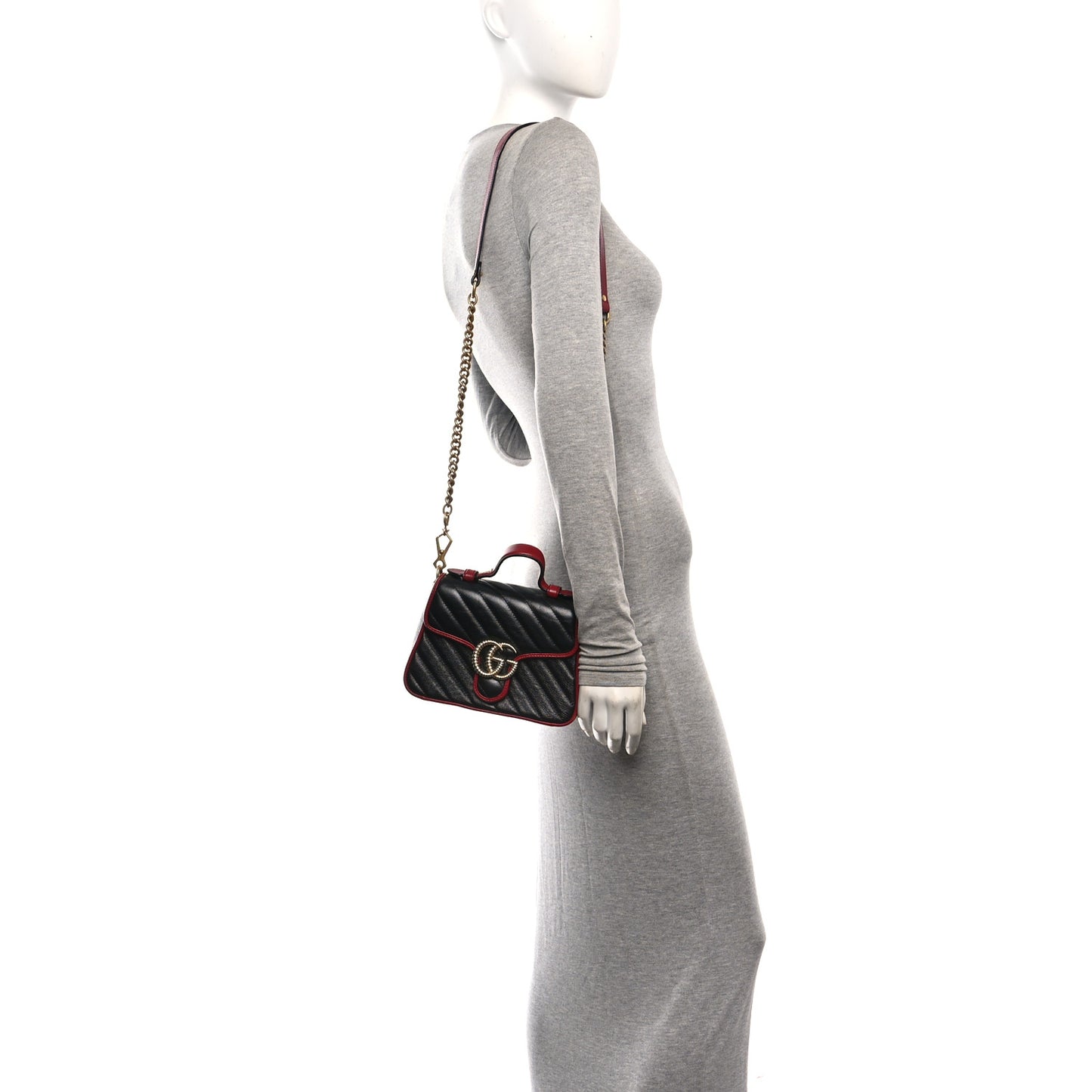 Vintage Effect Calfskin Matelasse Diagonal Mini Torchon GG Marmont Top Handle Shoulder Bag Black Romantic Cherry