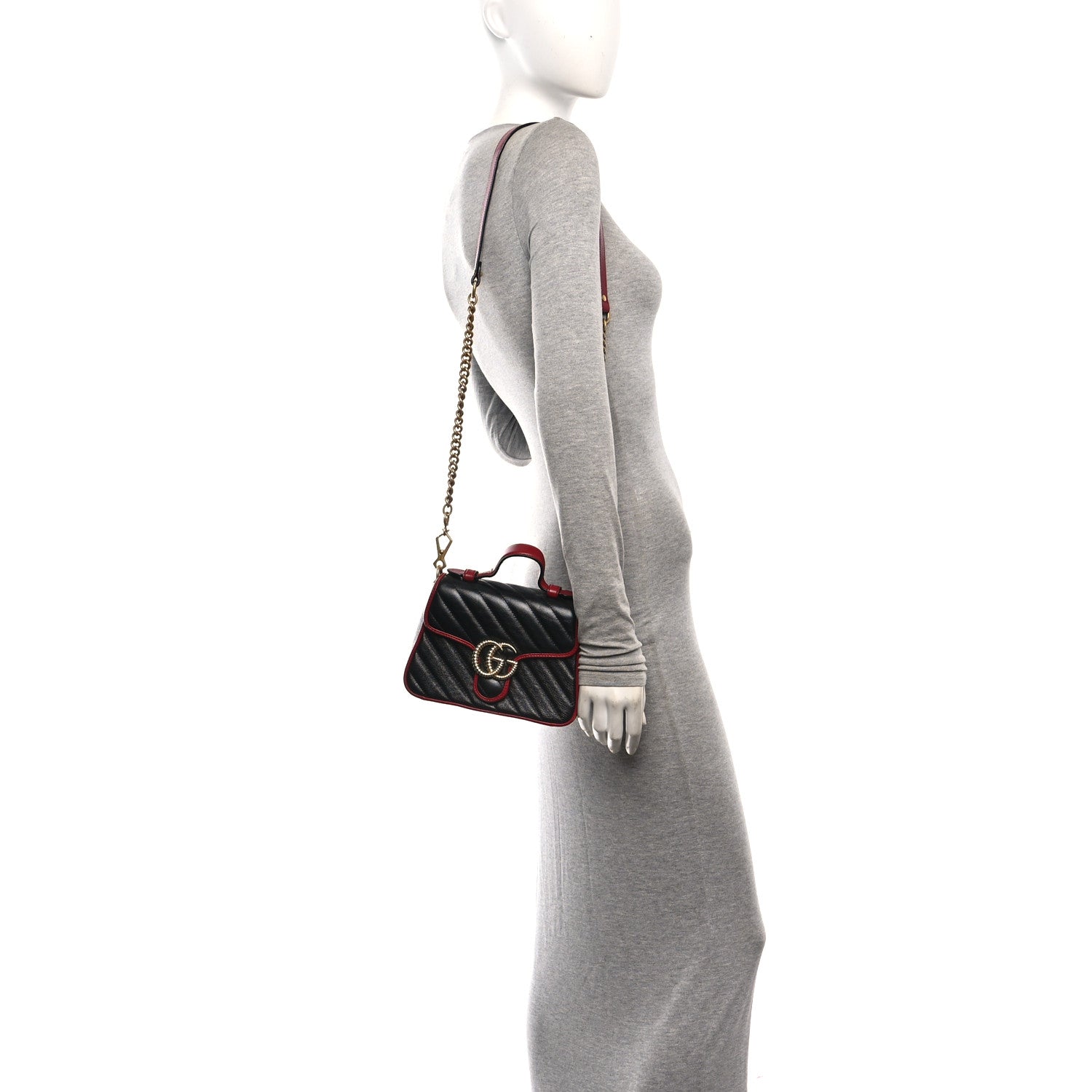 Gucci Vintage Effect Calfskin Matelasse Diagonal Mini Torchon GG Marmont Top Handle Shoulder Bag Black Romantic Cherry 2 of 14