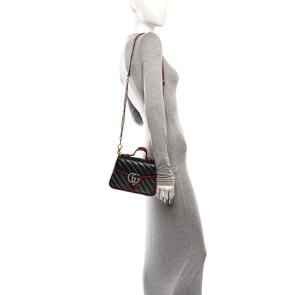 Gucci Vintage Effect Calfskin Matelasse Diagonal Mini Torchon GG Marmont Top Handle Shoulder Bag Black Romantic Cherry 2 of 14