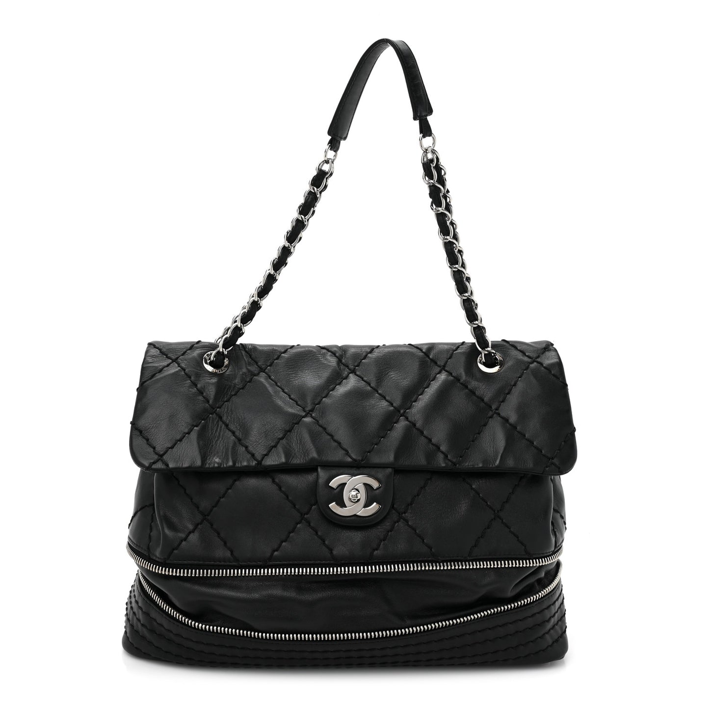 Calfskin Stitched Large Expandable Flap Bag Black