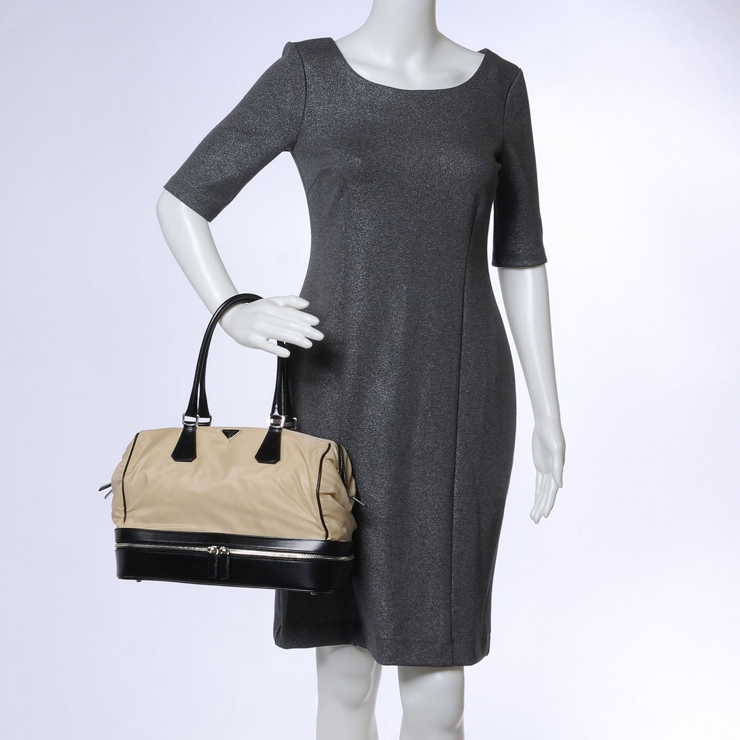 Tessuto Nylon Leather Travel Tote Beige Black