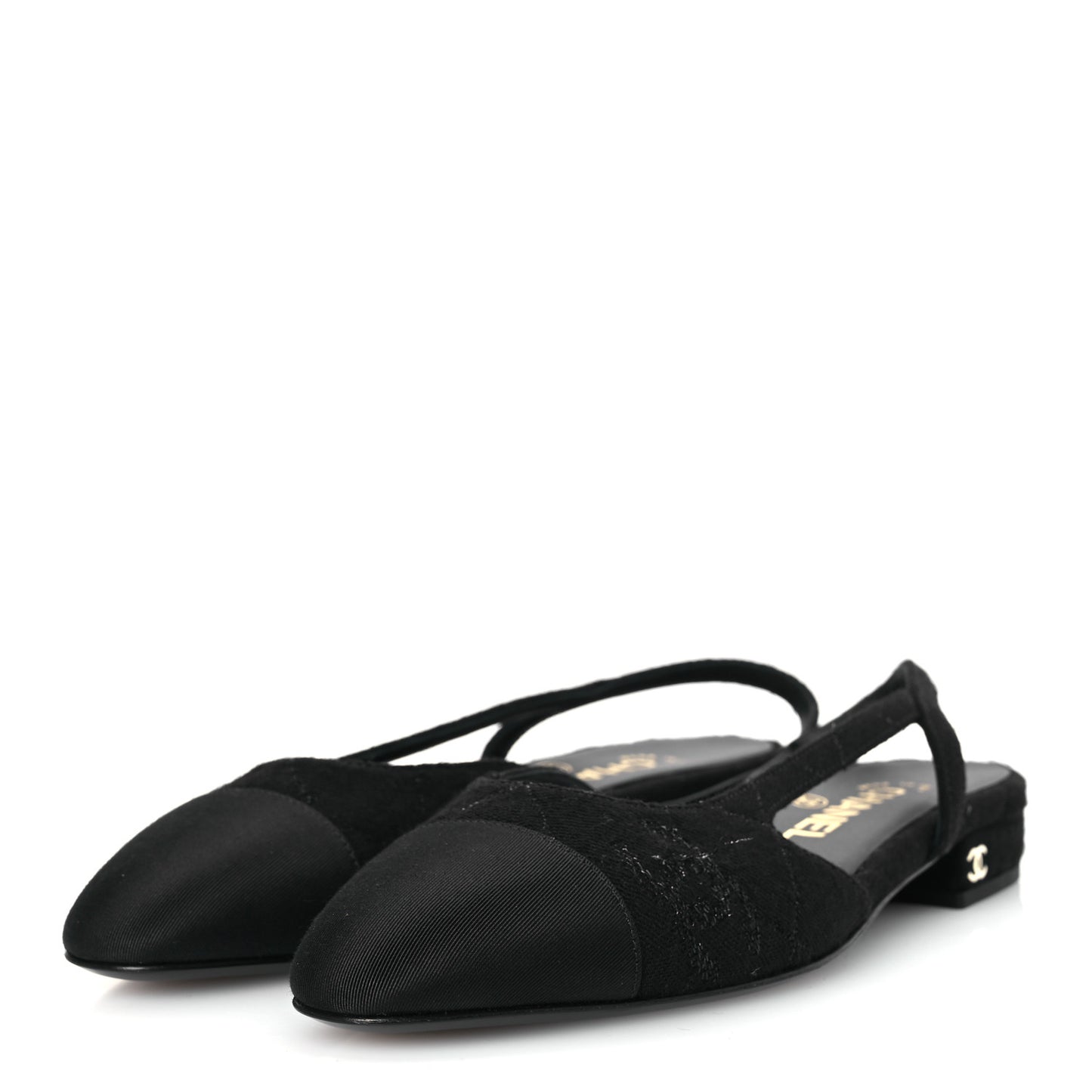 Wool Grosgrain Cap Toe CC Logo Slingback Flats 37.5 Black