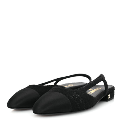 Chanel Wool Grosgrain Cap Toe CC Logo Slingback Flats 37.5 Black 4 of 13