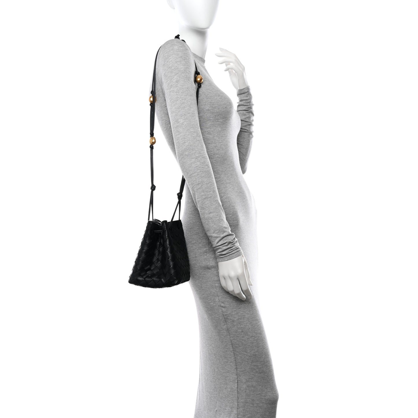 Nappa Intrecciato Small Drawstring Bucket Bag Black