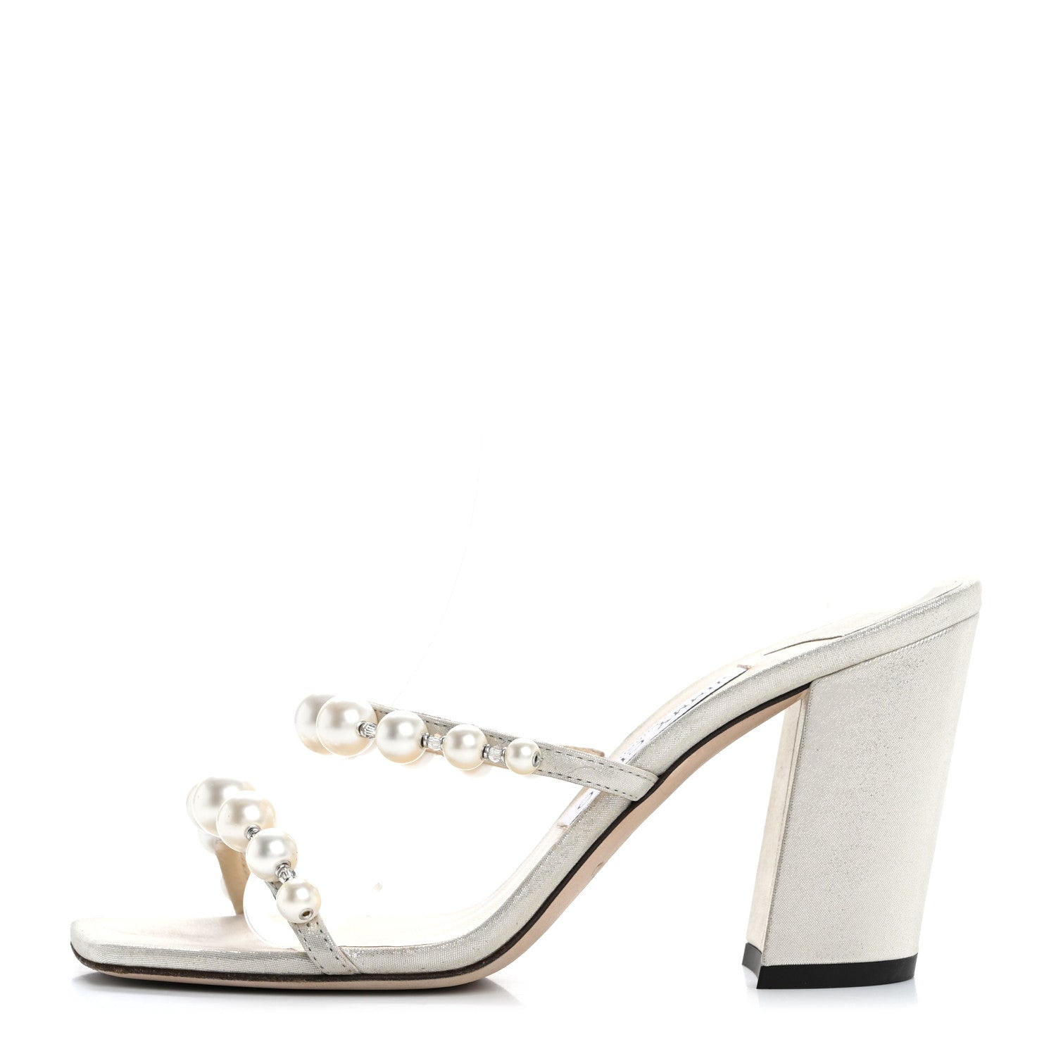 Jimmy Choo Shimmer Suede Pearl Embellished Amara 85 Mule Sandals 37 Champagne White 1 of 9