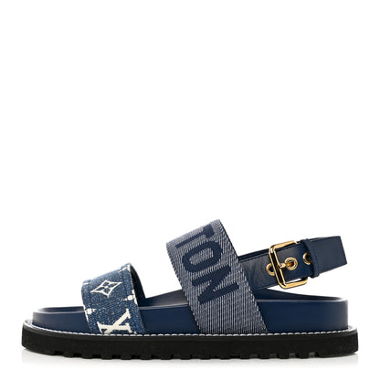 Louis Vuitton Monogram Denim Paseo Flat Comfort Sandals 37 Navy Blue 1 of 10