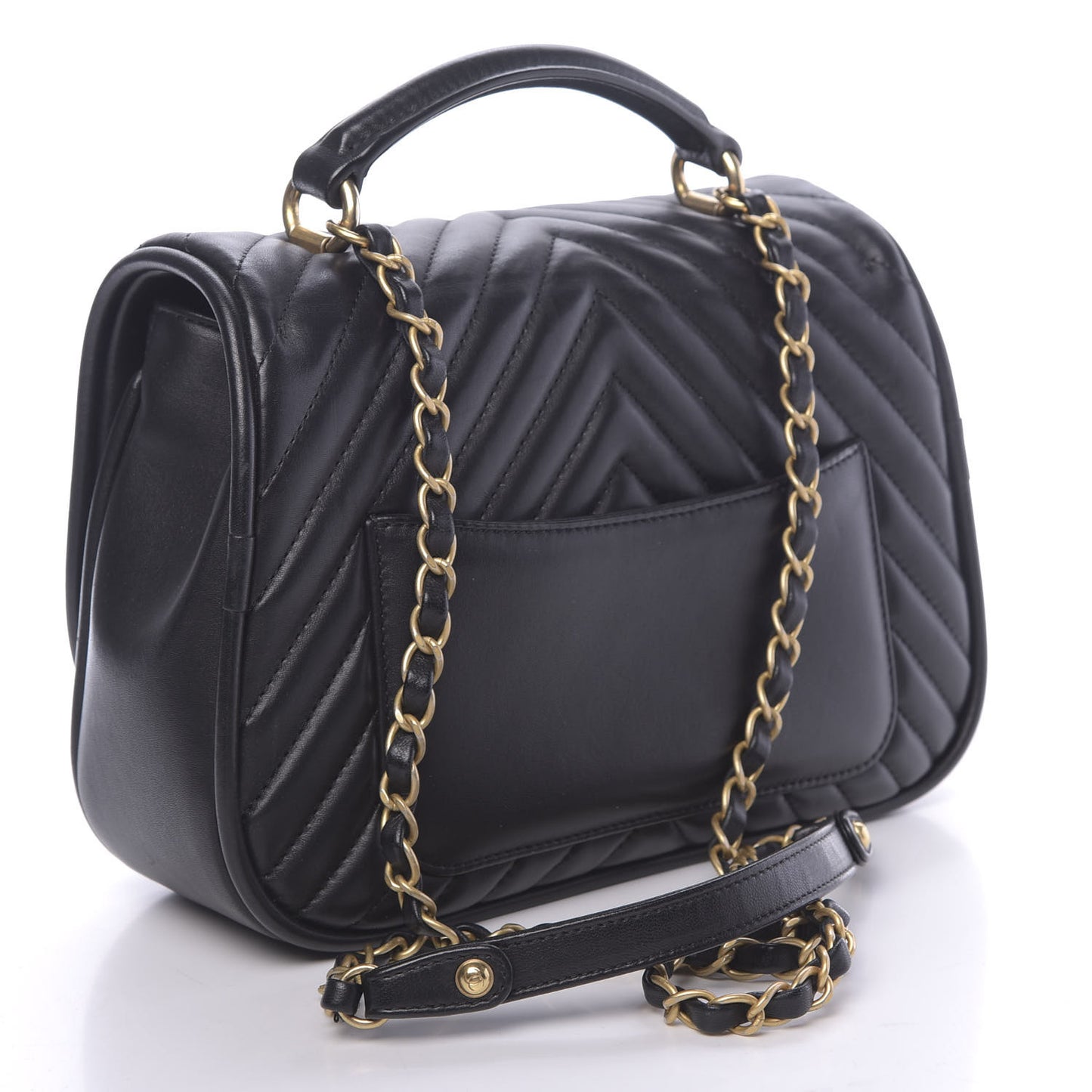 Lambskin Reverse Chevron Quilted Round Top Handle Flap Black
