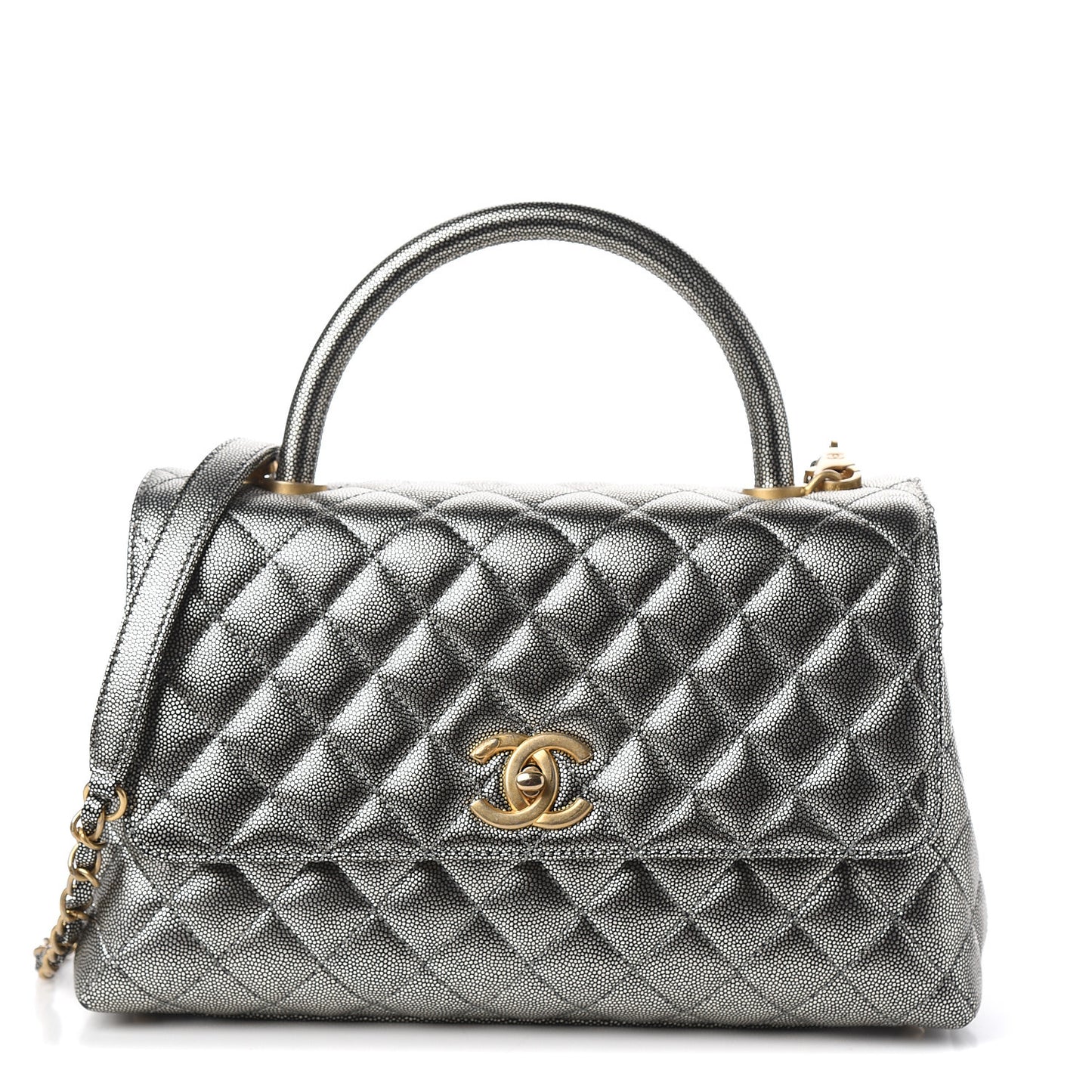 Metallic Caviar Quilted Small Coco Handle Flap Silver