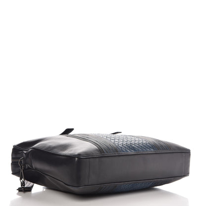 Bottega Veneta Calfskin Leggero Intrecciato Embroidered Briefcase Nero Black Blue 4 of 19