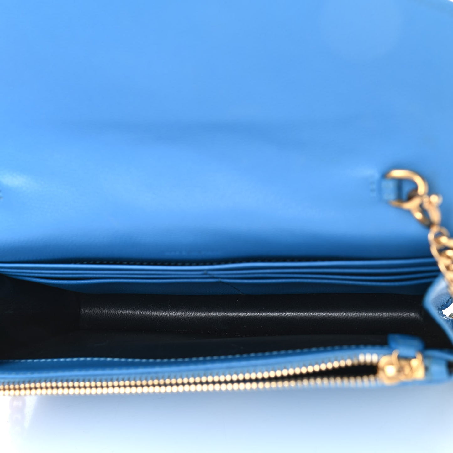 Grain De Poudre Matelasse Chevron Monogram Envelope Chain Wallet Blue Clair