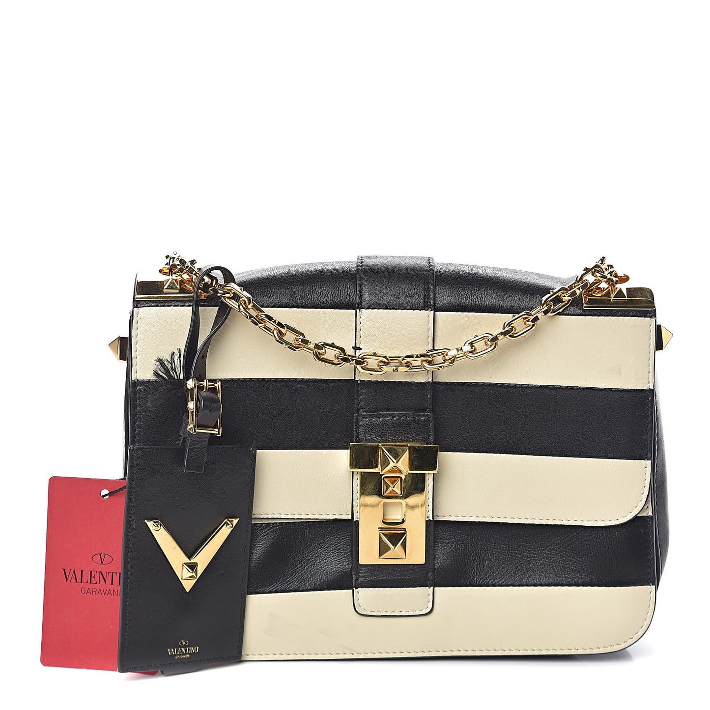 Nappa Striped B-Rockstud Flap Black Light Ivory