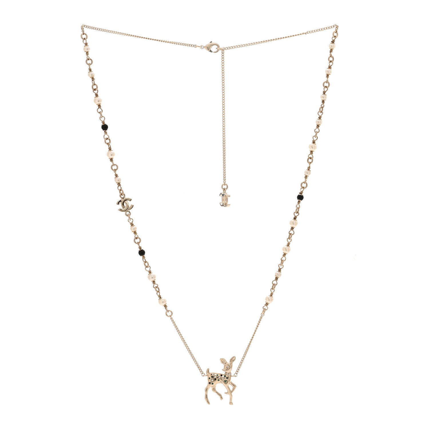 Chanel Metal Crystal Pearl Deer Pendant Necklace Green Black Gold 3 of 6