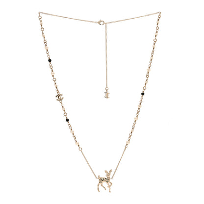 Chanel Metal Crystal Pearl Deer Pendant Necklace Green Black Gold 3 of 6