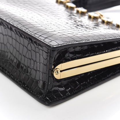 Miu Miu Calfskin Crocodile Embossed Crystal Embellished Solitaire Bag Black 6 of 9