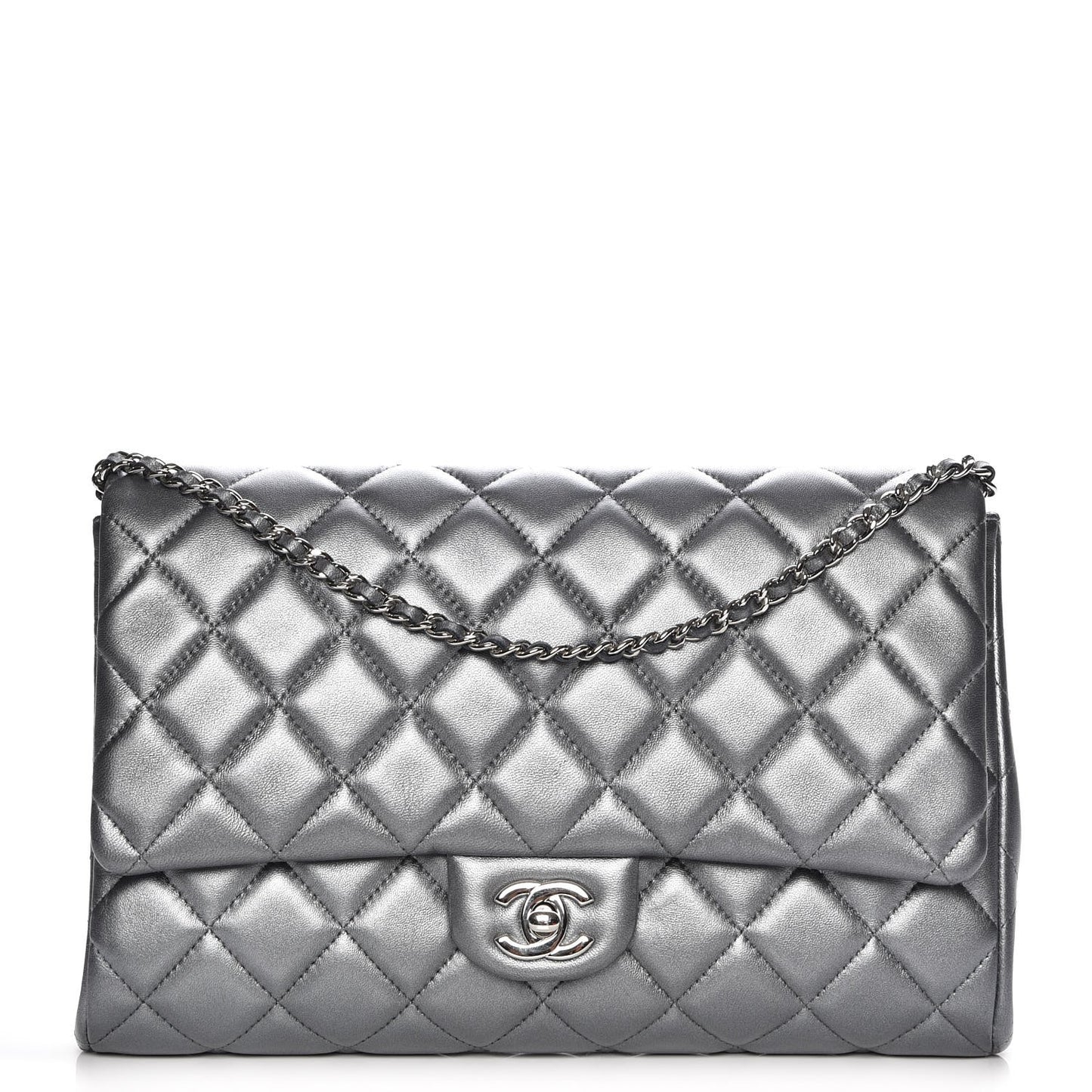 Metallic Lambskin Quilted Clutch With Chain Flap Dark Grey