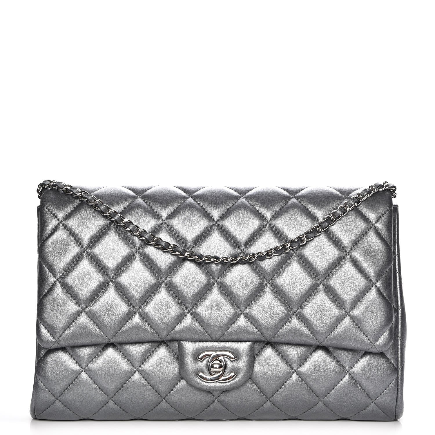 Chanel Metallic Lambskin Quilted Clutch With Chain Flap Dark Grey 1 of 8
