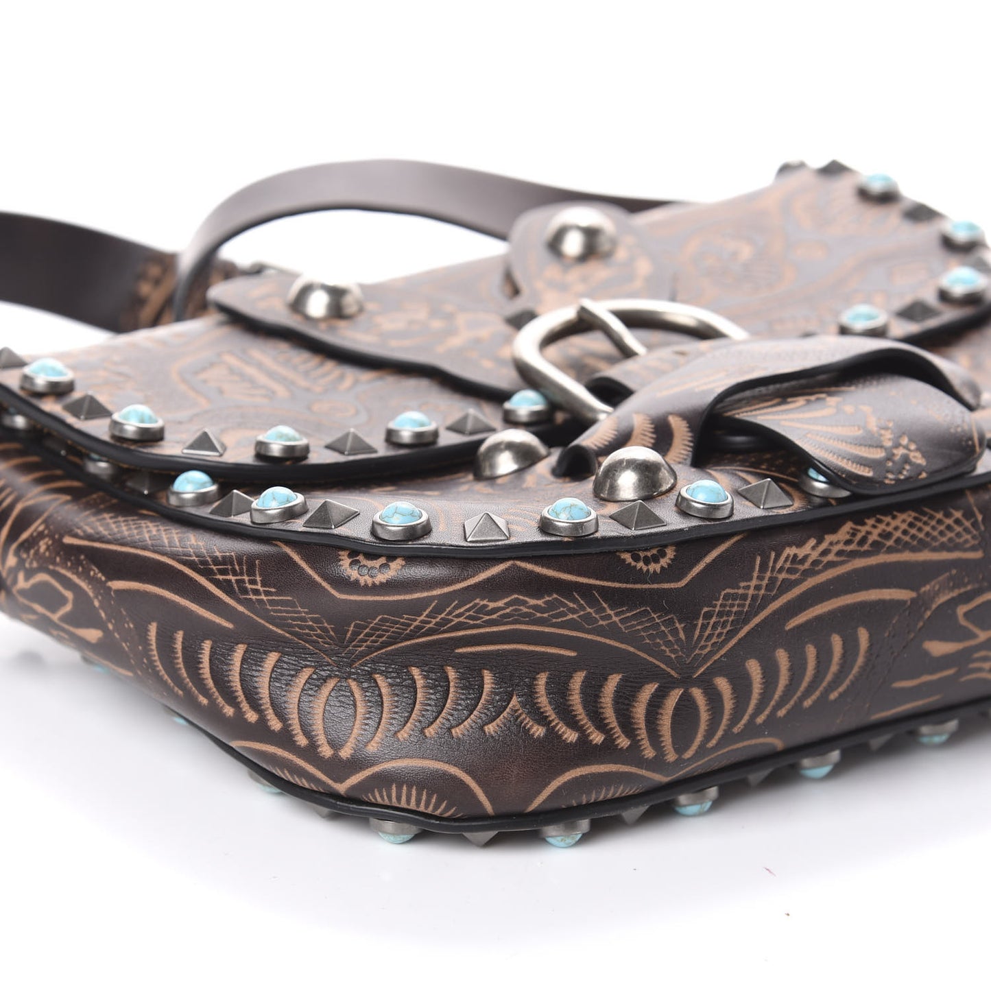 Calfskin Santeria Embossed Medium Rockstud Rolling Flap Saddle Bag Brown