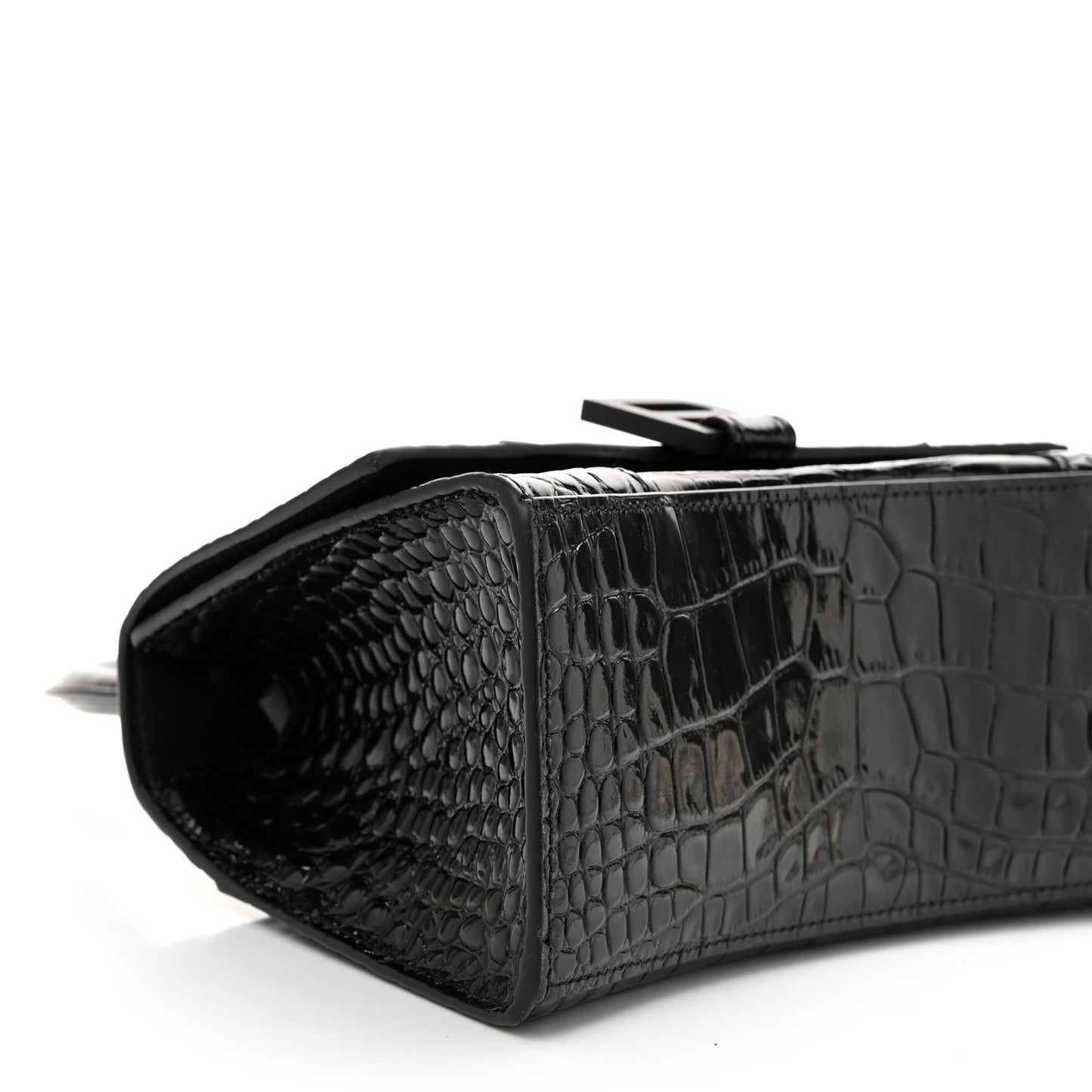Shiny Calfskin Monochrome Crocodile Embossed Small Hourglass Top Handle Bag Black