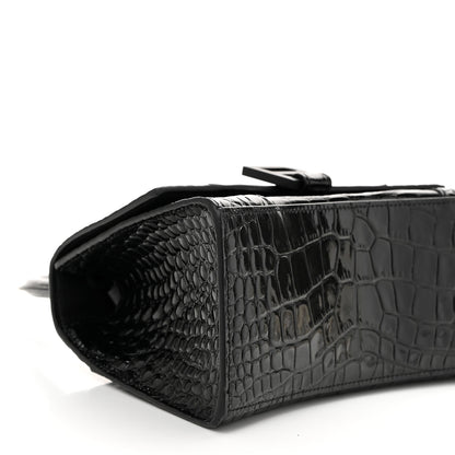 Balenciaga Shiny Calfskin Monochrome Crocodile Embossed Small Hourglass Top Handle Bag Black 9 of 10