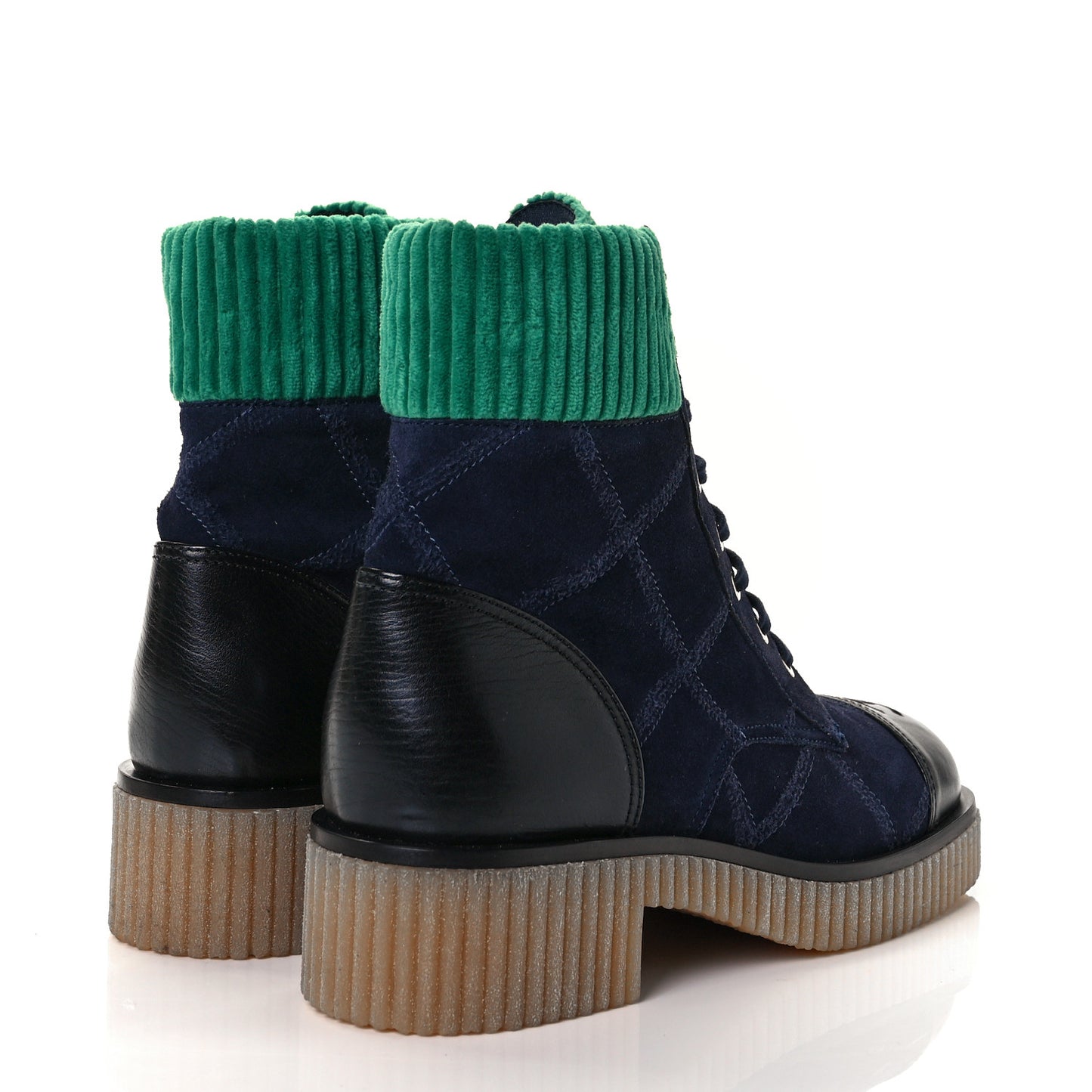 Suede Calfskin Velvet Quilted CC Combat Boots 40 Navy Green Black