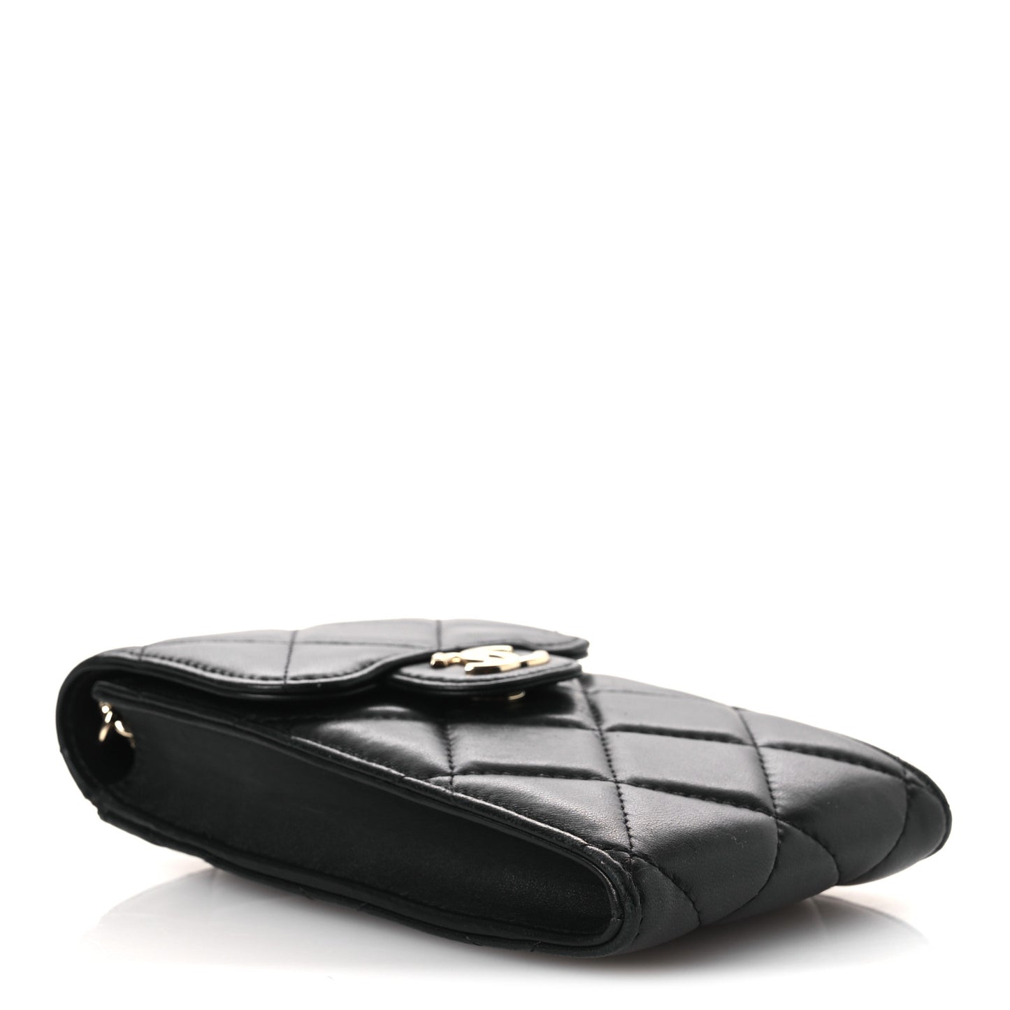 Lambskin Quilted Lacquered Chain Phone Holder With Chain Black