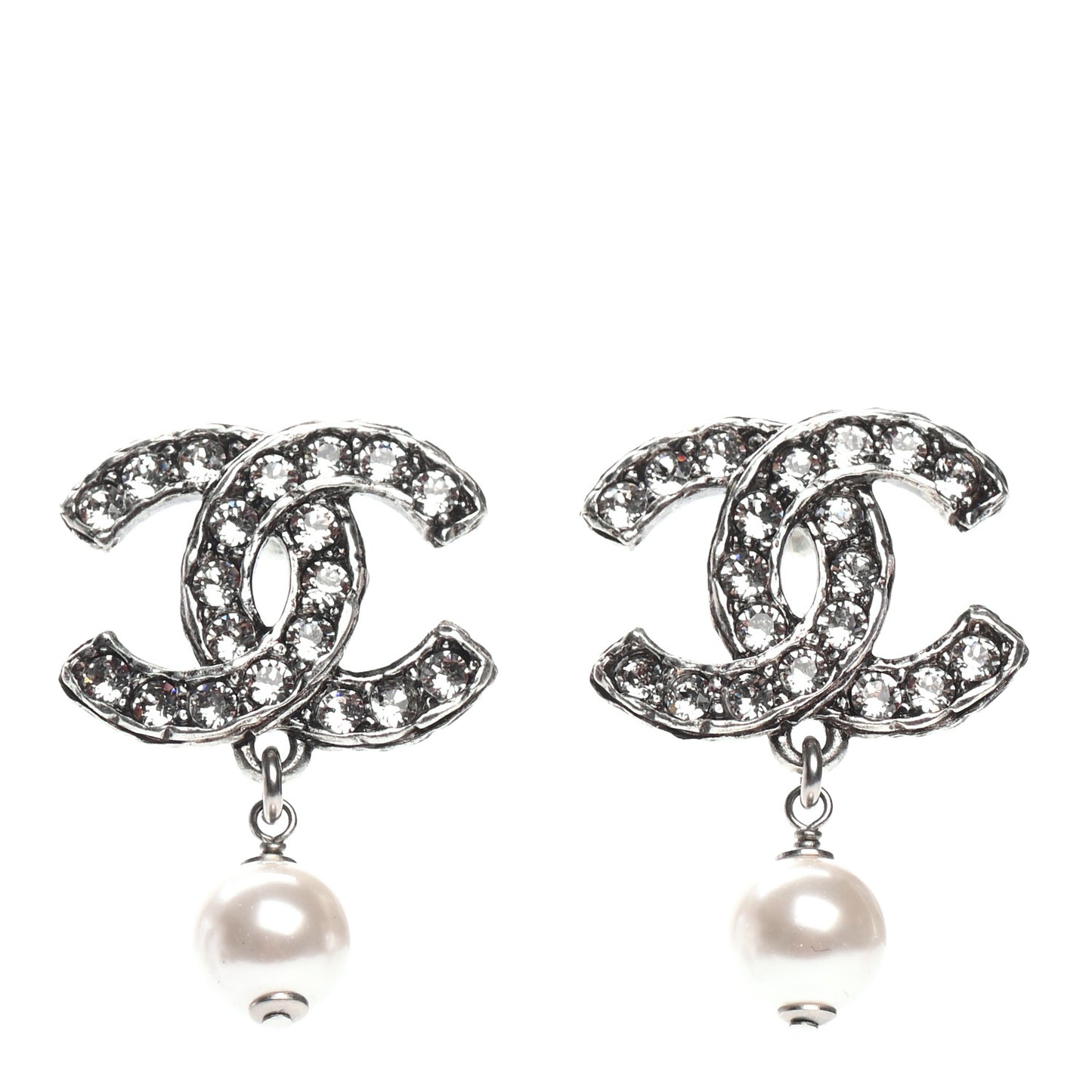 Crystal Pearl CC Drop Earrings Silver