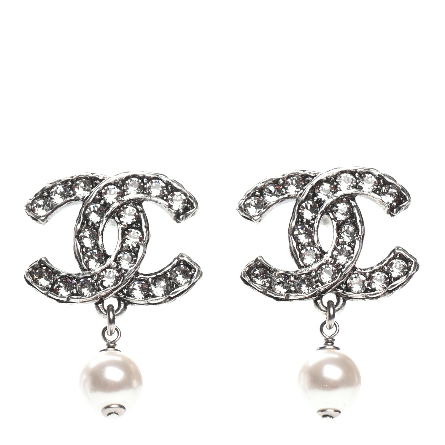 Chanel Crystal Pearl CC Drop Earrings Silver 1 of 4