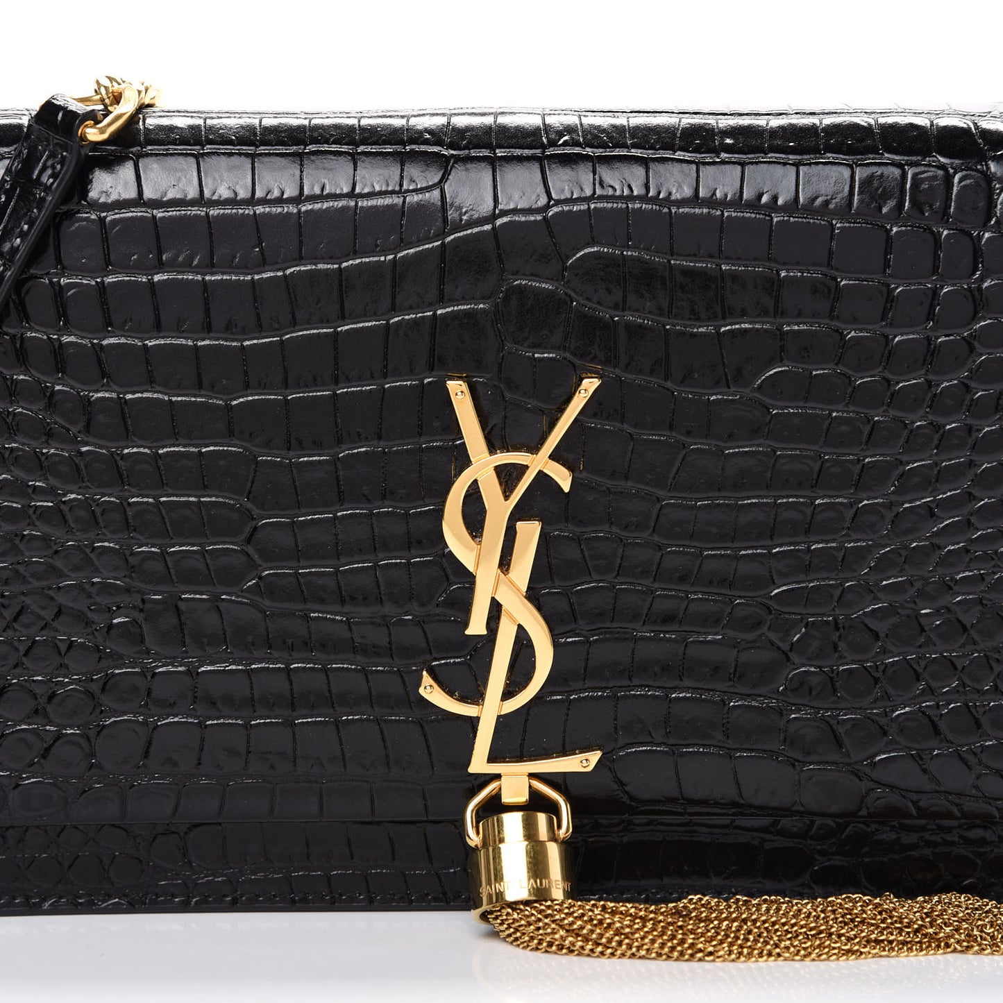 Calfskin Crocodile Embossed Kate Monogram Tassel Chain Wallet Black