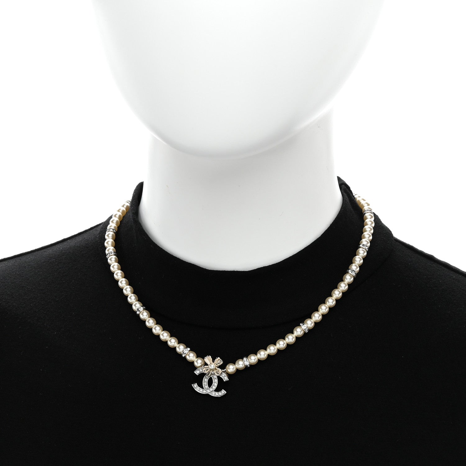 Chanel Pearl Crystal Chain CC Clover Necklace Gold Silver 2 of 6