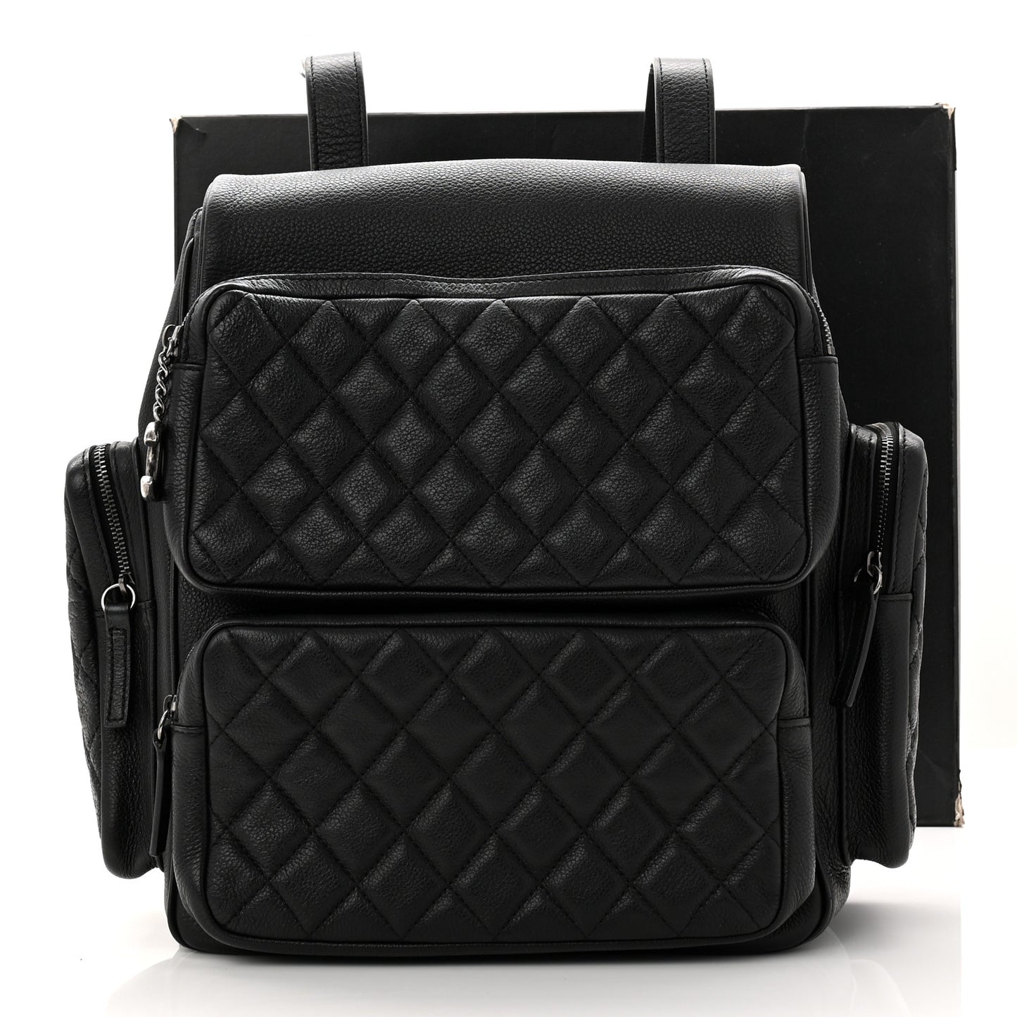 Grained Calfskin Quilted Large Casual Rock Backpack Black