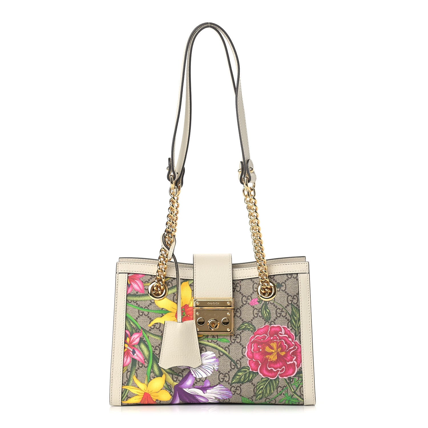 Gucci GG Supreme Monogram Flora Textured Calfskin Small Padlock Tote Beige Ebony Multicolor Mystic White 1 of 9