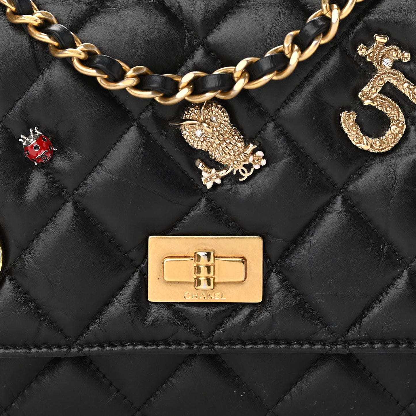 Aged Calfskin Quilted Lucky Charms 2.55 Reissue Wallet On Chain WOC Black