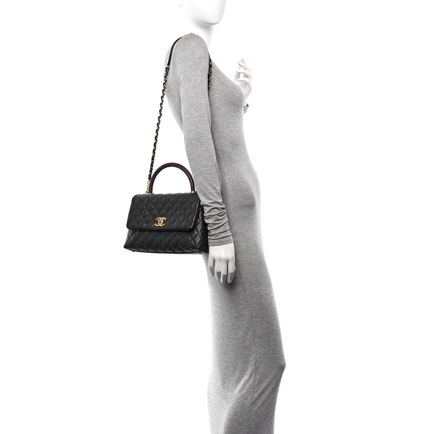 Caviar Lizard Embossed Quilted Small Coco Handle Flap Black