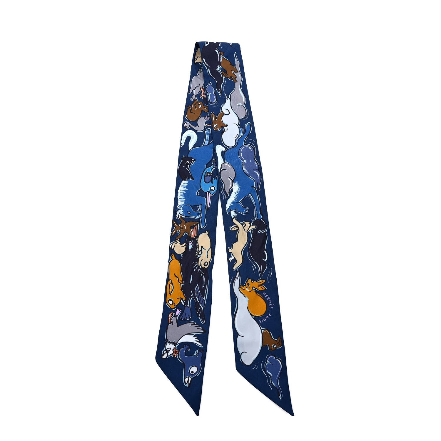 Hermes Silk Mille Et Un Lapins Twilly Marine Cobalt Miel 2 of 4