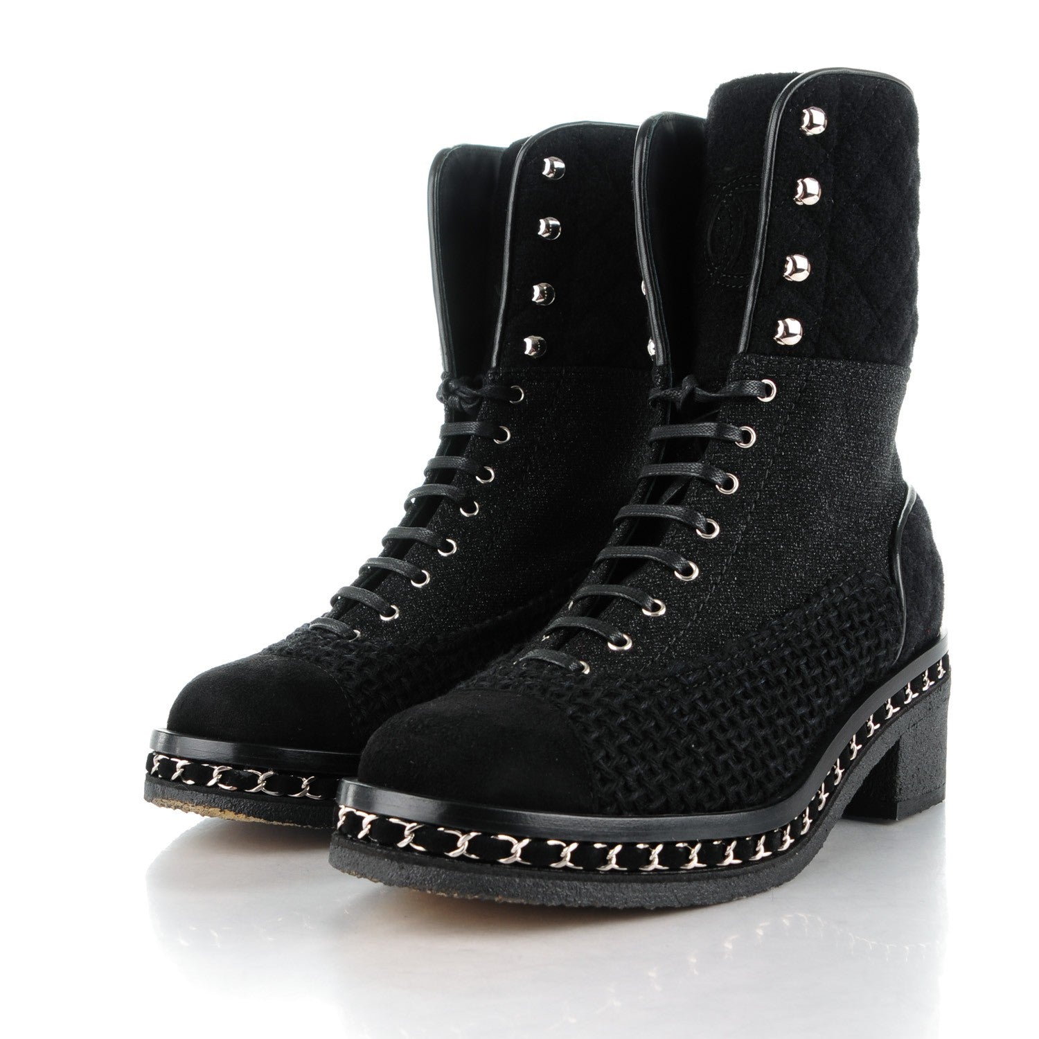 Chanel Tweed Quilted Chain Short Boots 38 Black 3 of 9