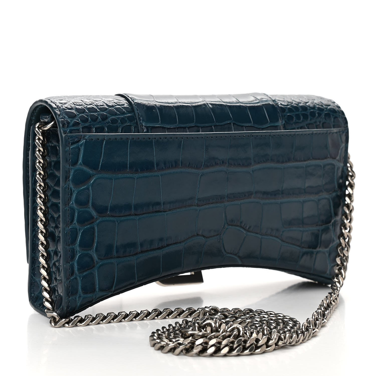 Balenciaga Shiny Calfskin Crocodile Embossed Hourglass Chain Bag Dark Petrol Blue 3 of 9