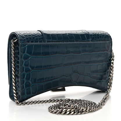 Balenciaga Shiny Calfskin Crocodile Embossed Hourglass Chain Bag Dark Petrol Blue 3 of 9